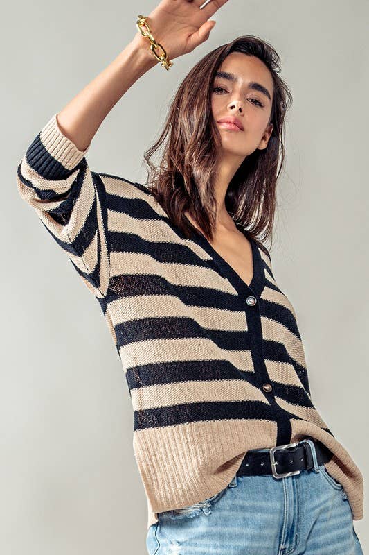 Cozy and Free Striped Cardigan: TAUPE/BLACK