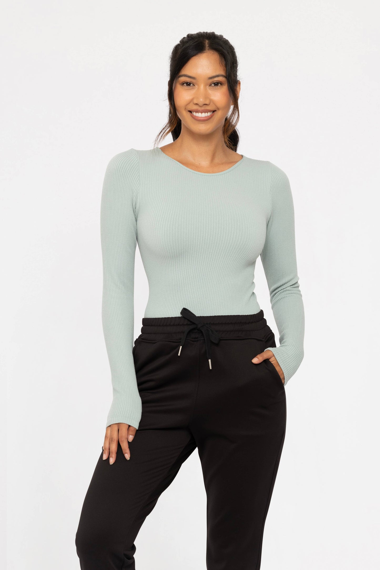 Seamless Ribbed Long Sleeve Top: BLACK