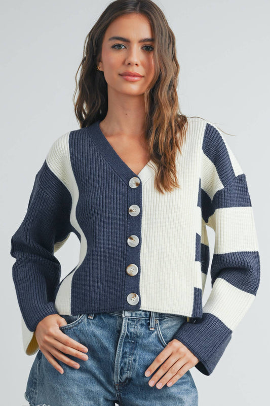 Block Button Down Cardigan - NAVY / IVORY