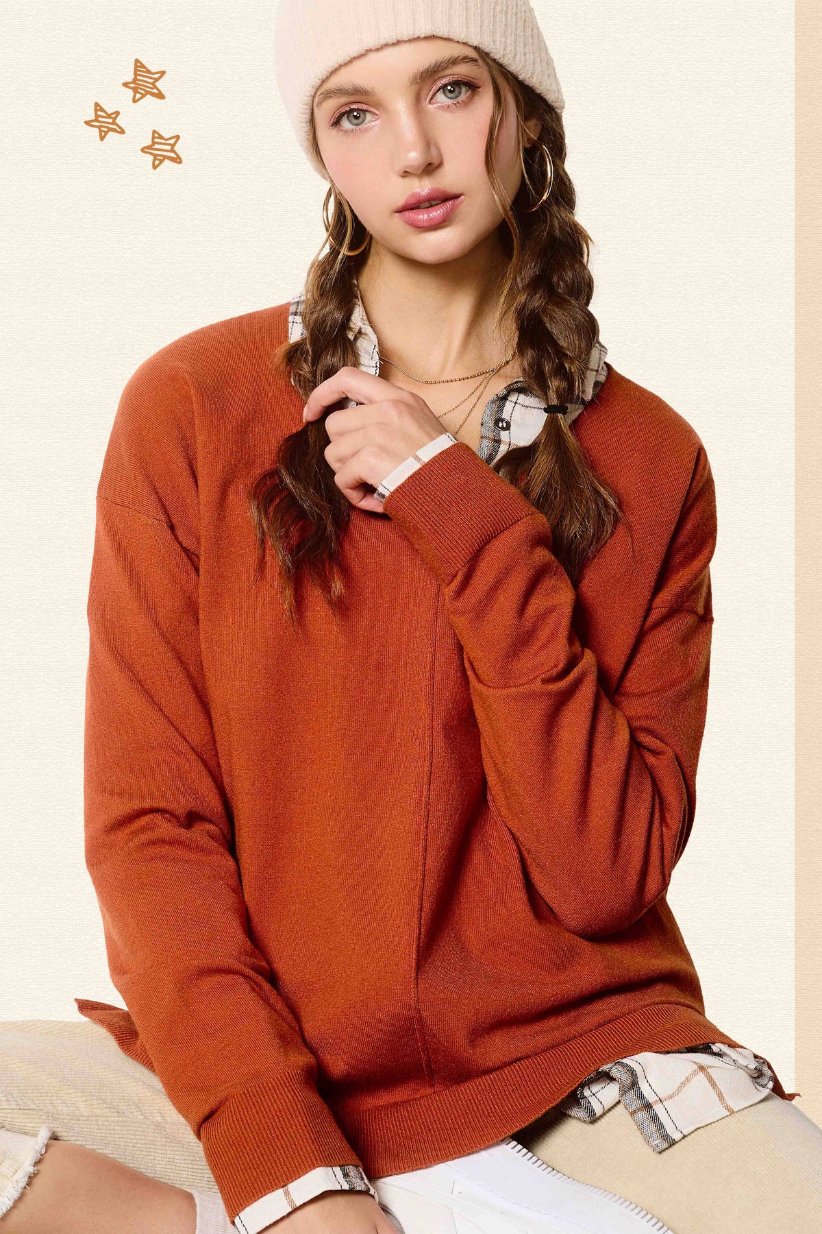 La Miel - JBS3122-V-neck Long Sleeve Lightweight Knit Top Christmas: Apple Green / L
