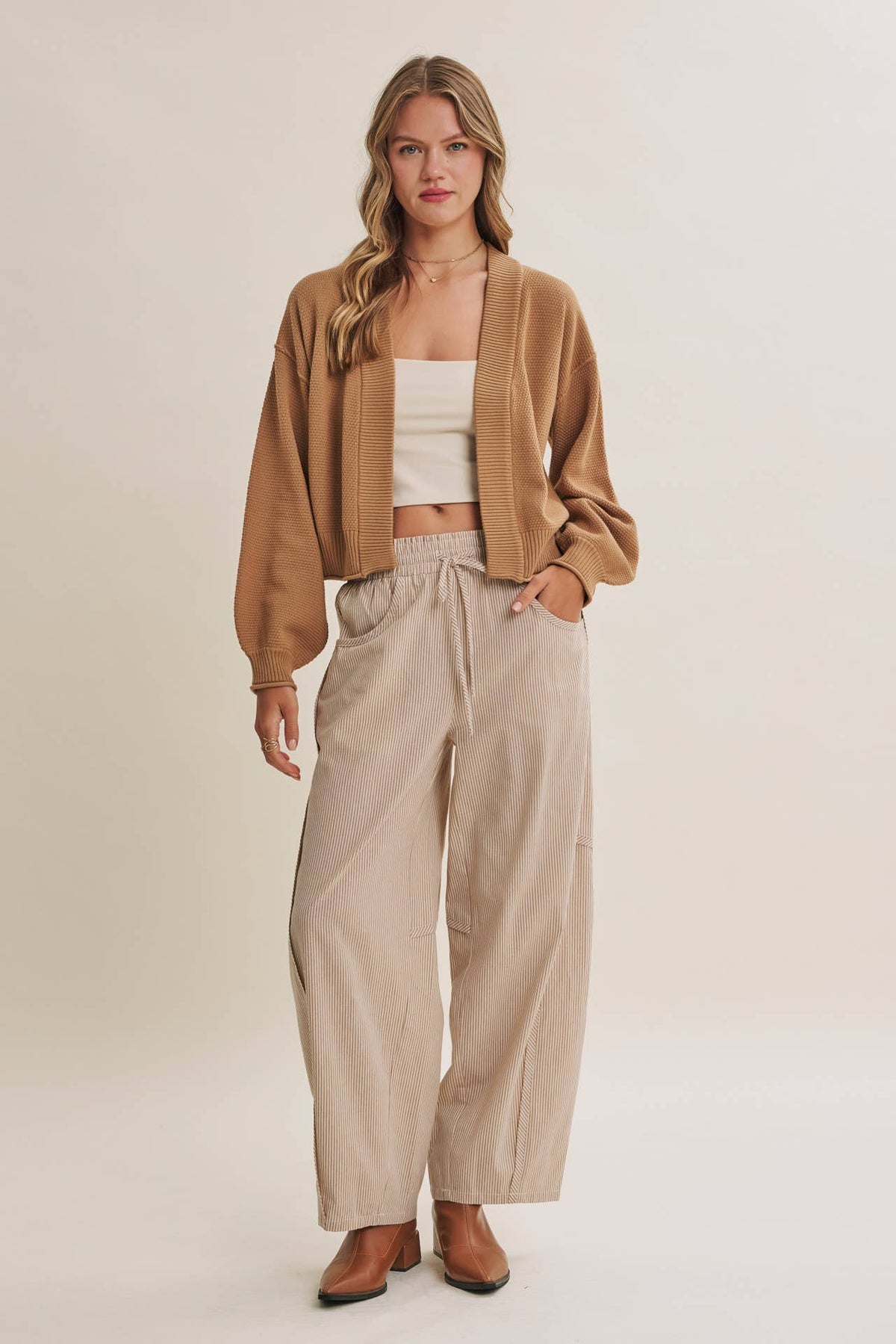 in february - EVERYDAY ESEENTIAL EASY LAYERING BALLOON SLV WAFFLE CARDIGAN: CAMEL / S
