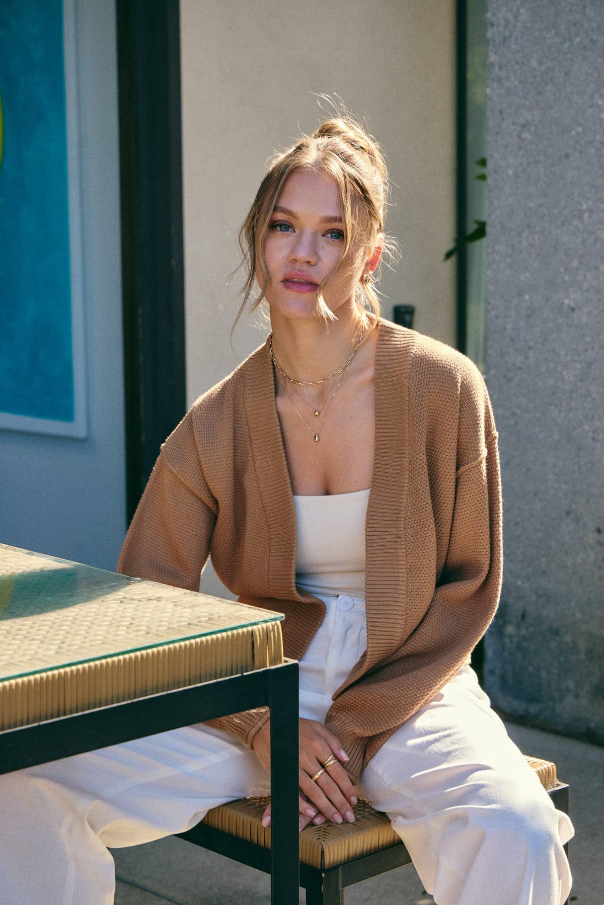 in february - EVERYDAY ESEENTIAL EASY LAYERING BALLOON SLV WAFFLE CARDIGAN: CAMEL / S