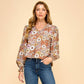 Les Amis - Floral Print Long Sleeve Blouse with Ruffled Neck: Mocha / S