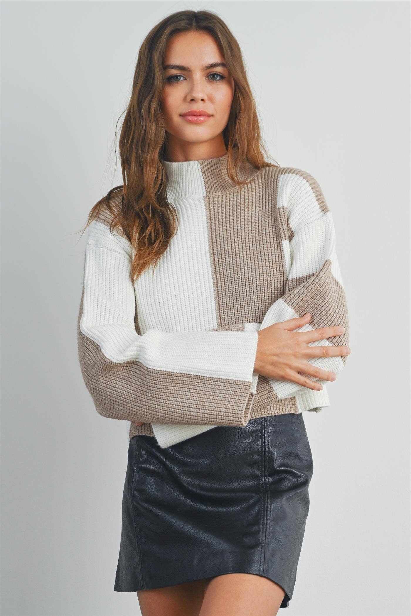 Color Block Mock Turtleneck Sweater-  BLACK / OAT