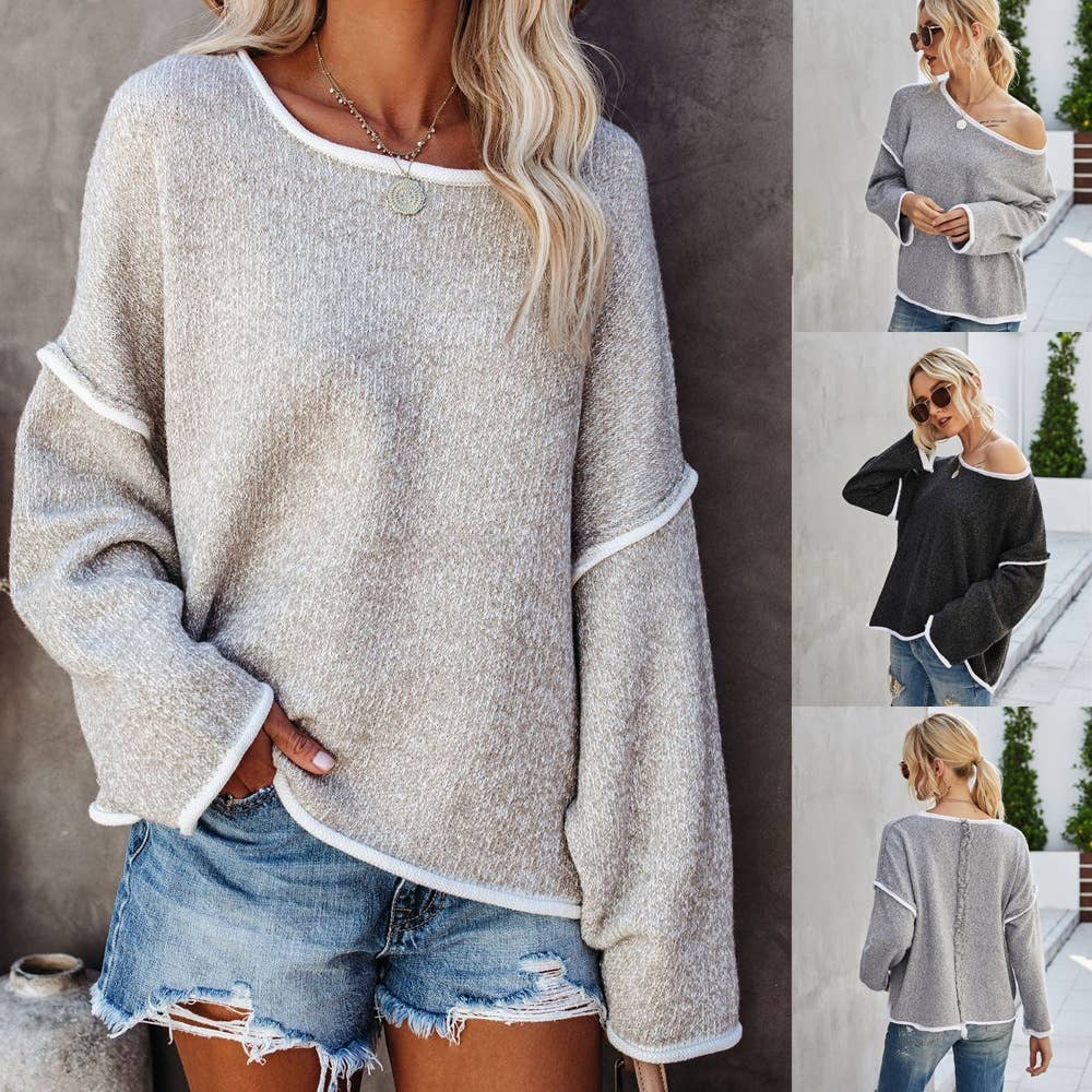 Casual Crew Neck Pullover Long Sleeve Sweater: KHAKI