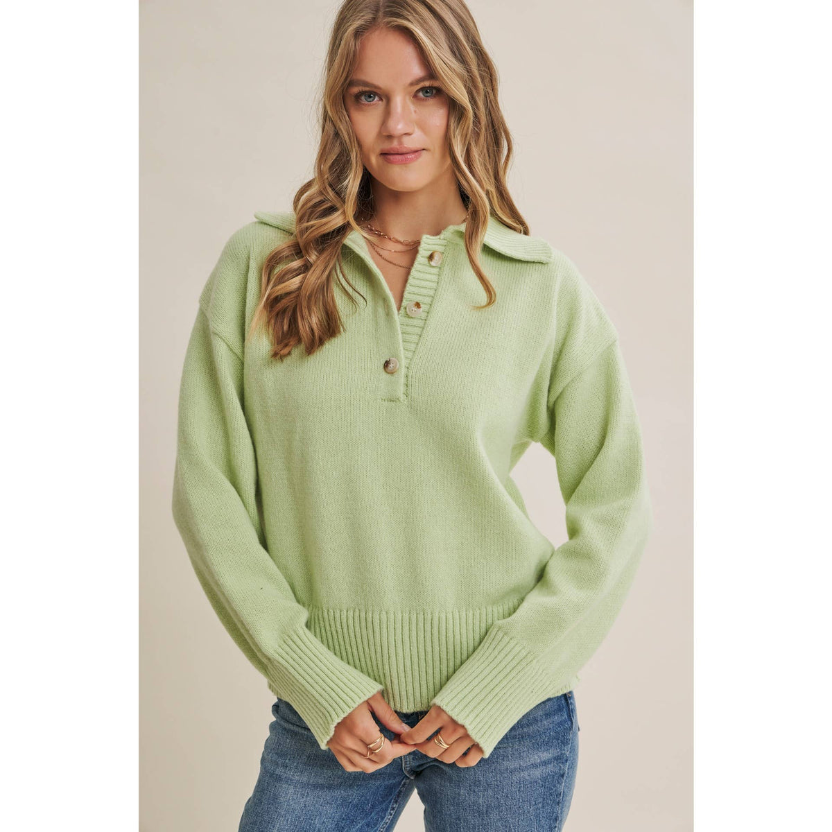 in february - MORNING LIGHT UPLIFTING SOFT PASTEL POLO SWEATER TOP: BUTTER YELLOW / M