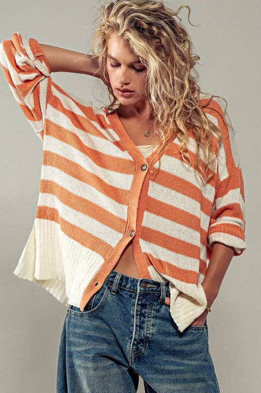 Cozy and Free Striped Cardigan: BURNT SIENNA/CREAM