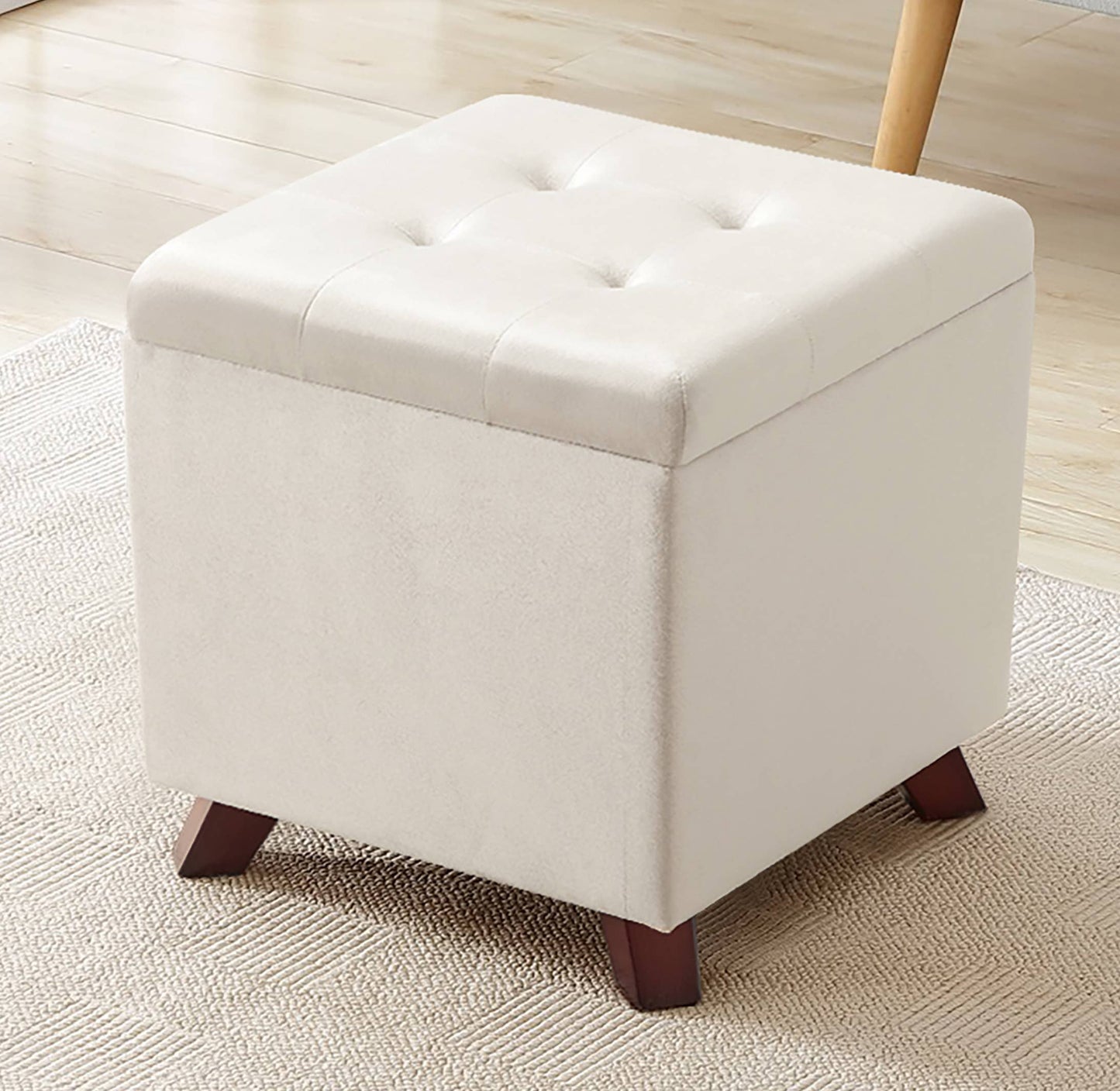 Tufted Square Storage Ottoman with Lift Off Lid: Linen Beige