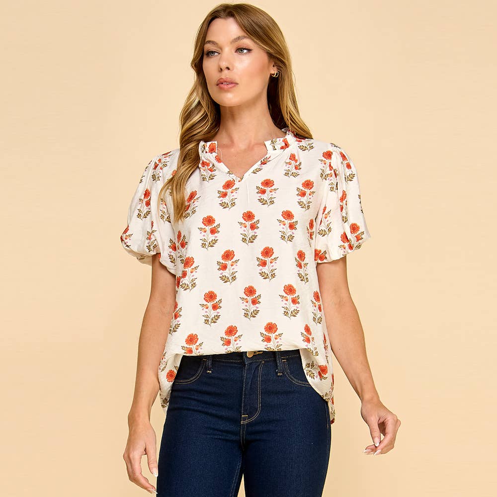 Les Amis - Floral Puff Sleeve Blouse: Off White / L