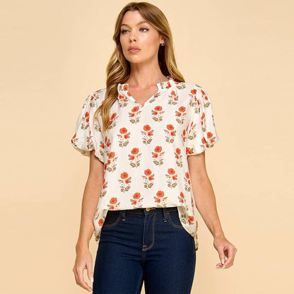 Floral Puff Sleeve Blouse: OFF WHITE