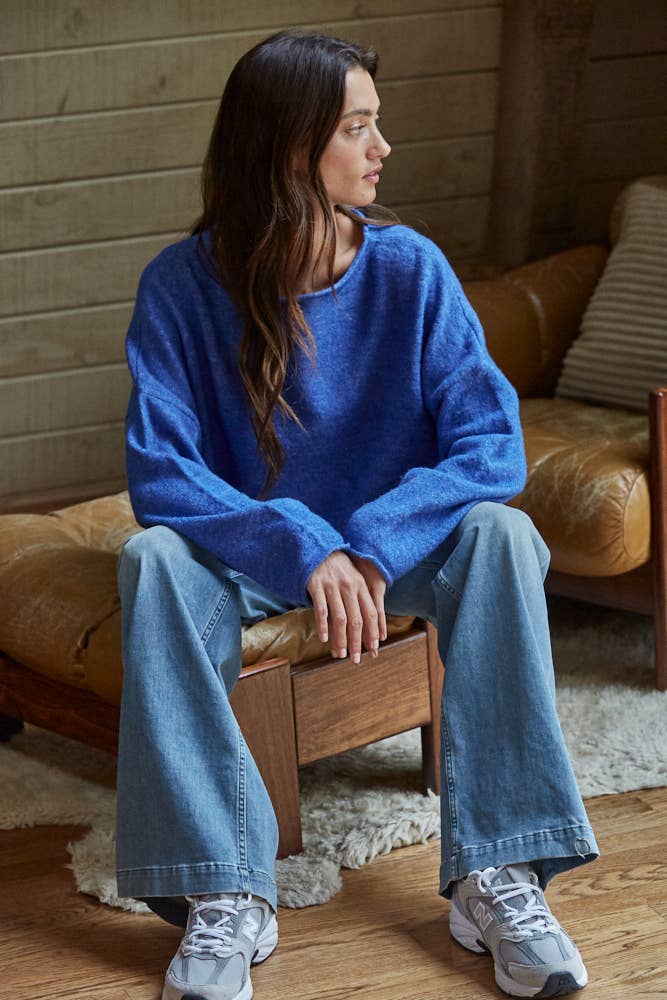 By Together - W2114 | Knit Sweater Rolled Round Neck Pullover Top: Green / L