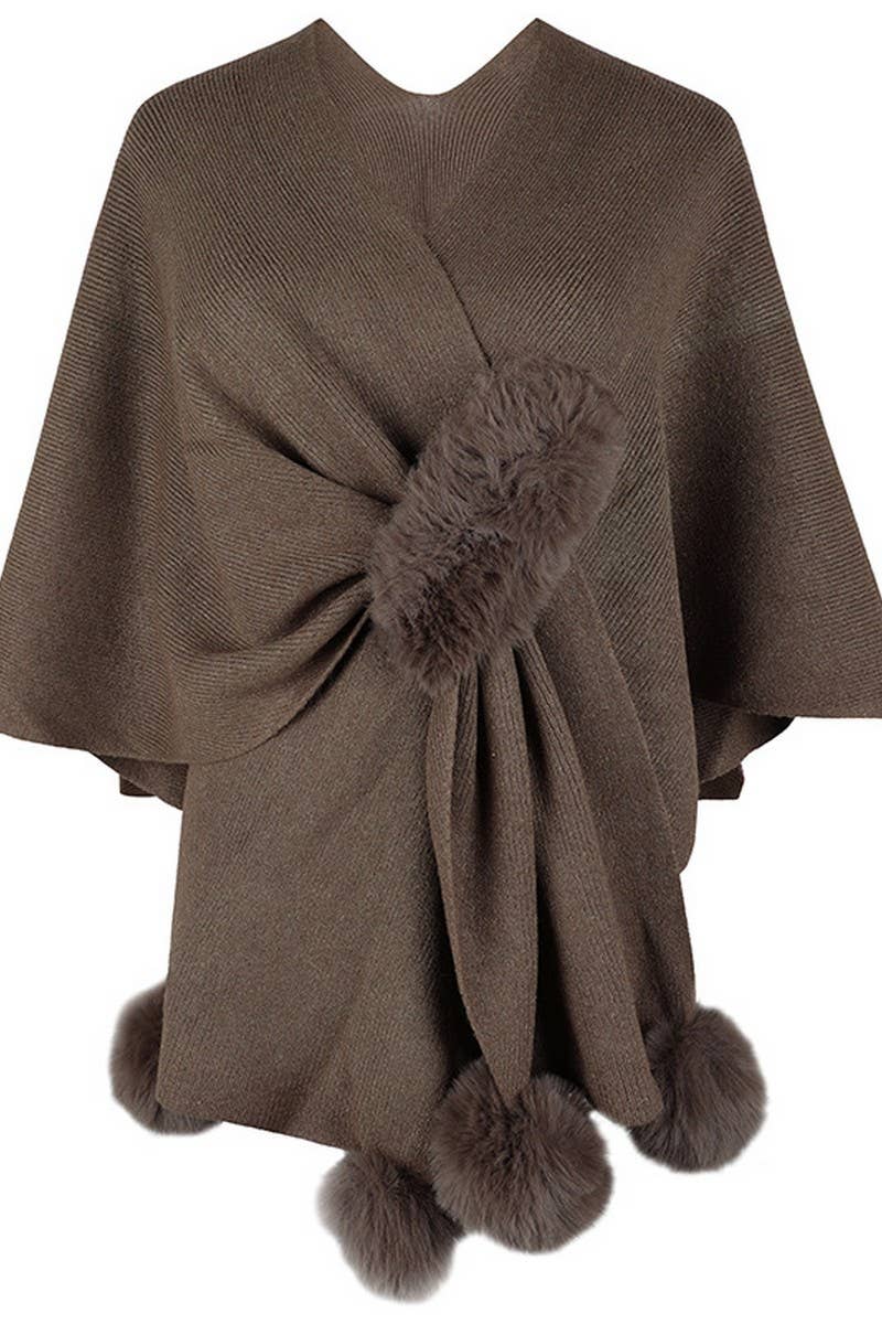 NINEXIS - CWOCAS0052_SOLID COLOR WOOL BALL CAPE KNITTED SHAWL: BLACK / (OS) 1