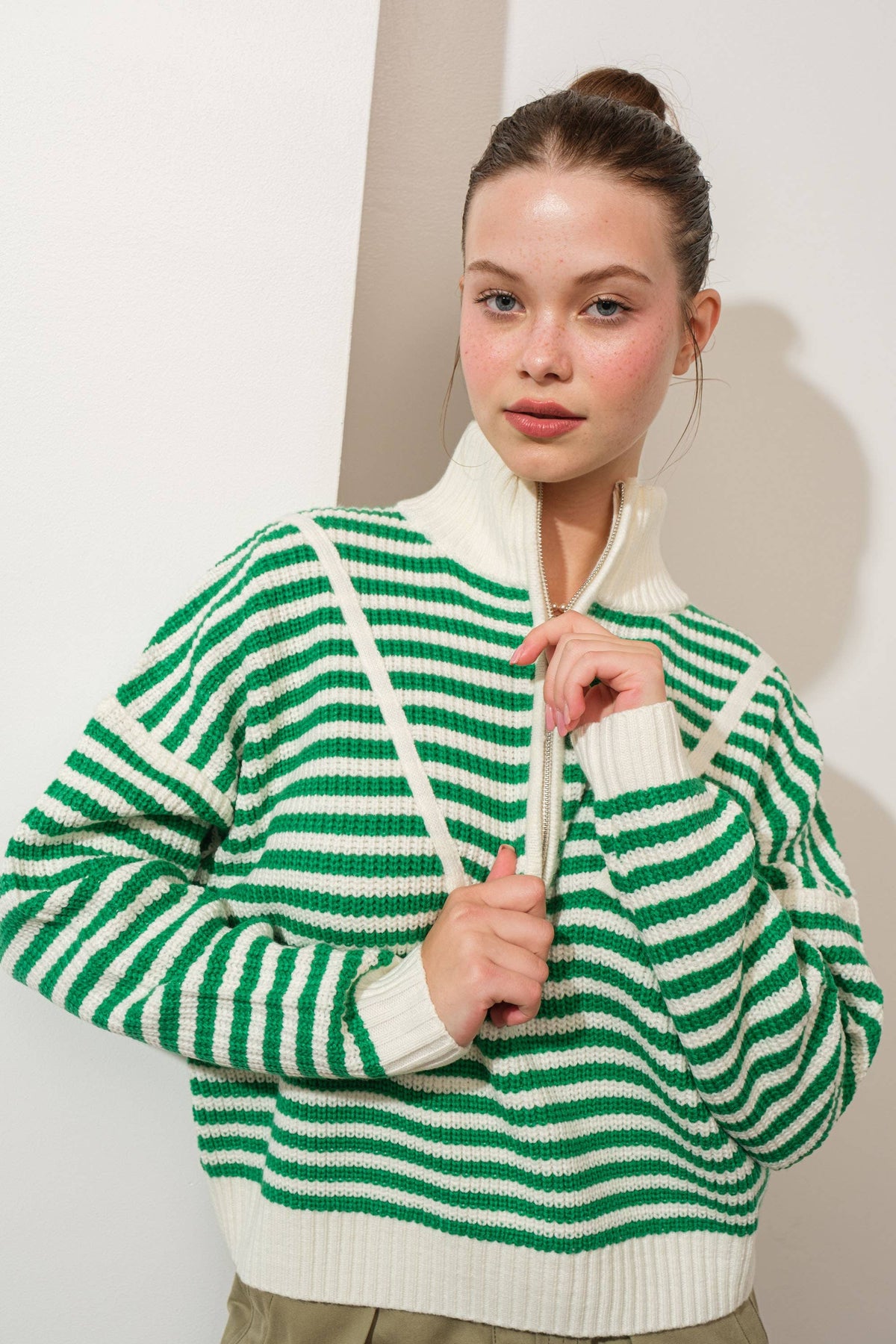 Creamon - Preppy Californian Half-zip Striped Sweater-BLUE: BLACK / L