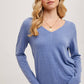 V-Neck Knit Pullover Long Sleeve Top: DENIM