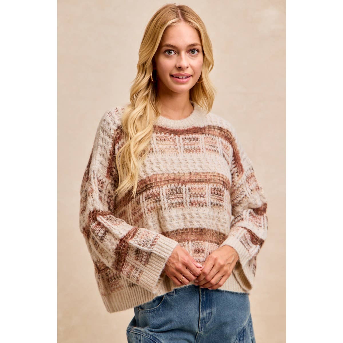 BiBi - VINTAGE SOFT CHECK PATTERN CHUNKY KNIT SWEATER: MOCHA MULTI / XL