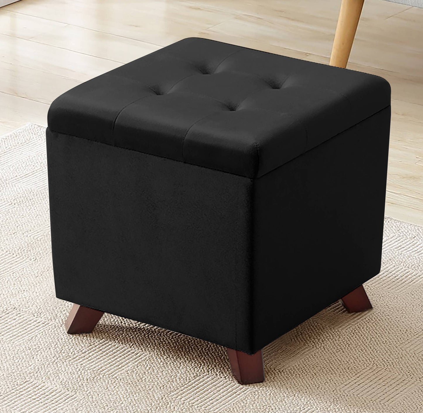 Tufted Square Storage Ottoman with Lift Off Lid: Linen Beige