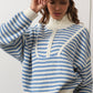 Creamon - Preppy Californian Half-zip Striped Sweater-BLUE: BLACK / M