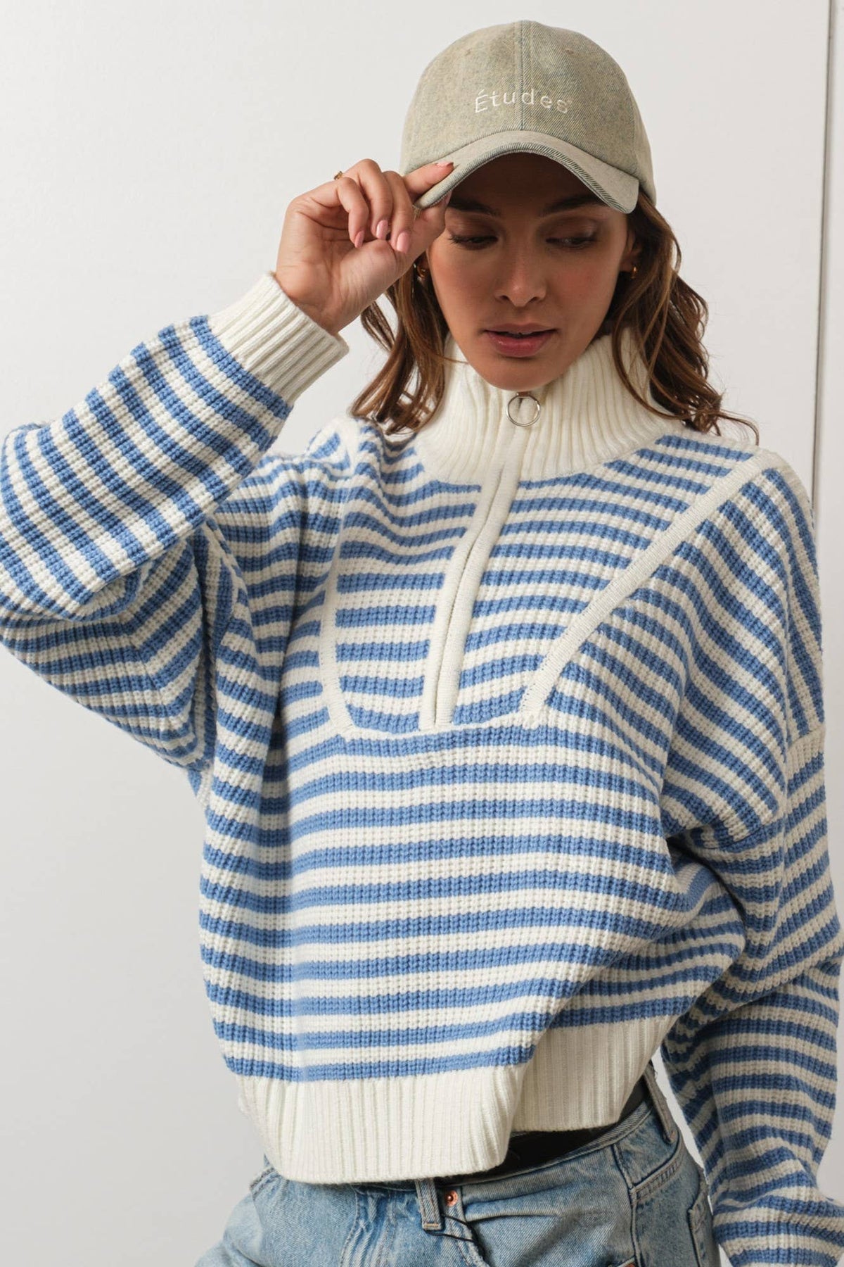 Creamon - Preppy Californian Half-zip Striped Sweater-BLUE: BLACK / M