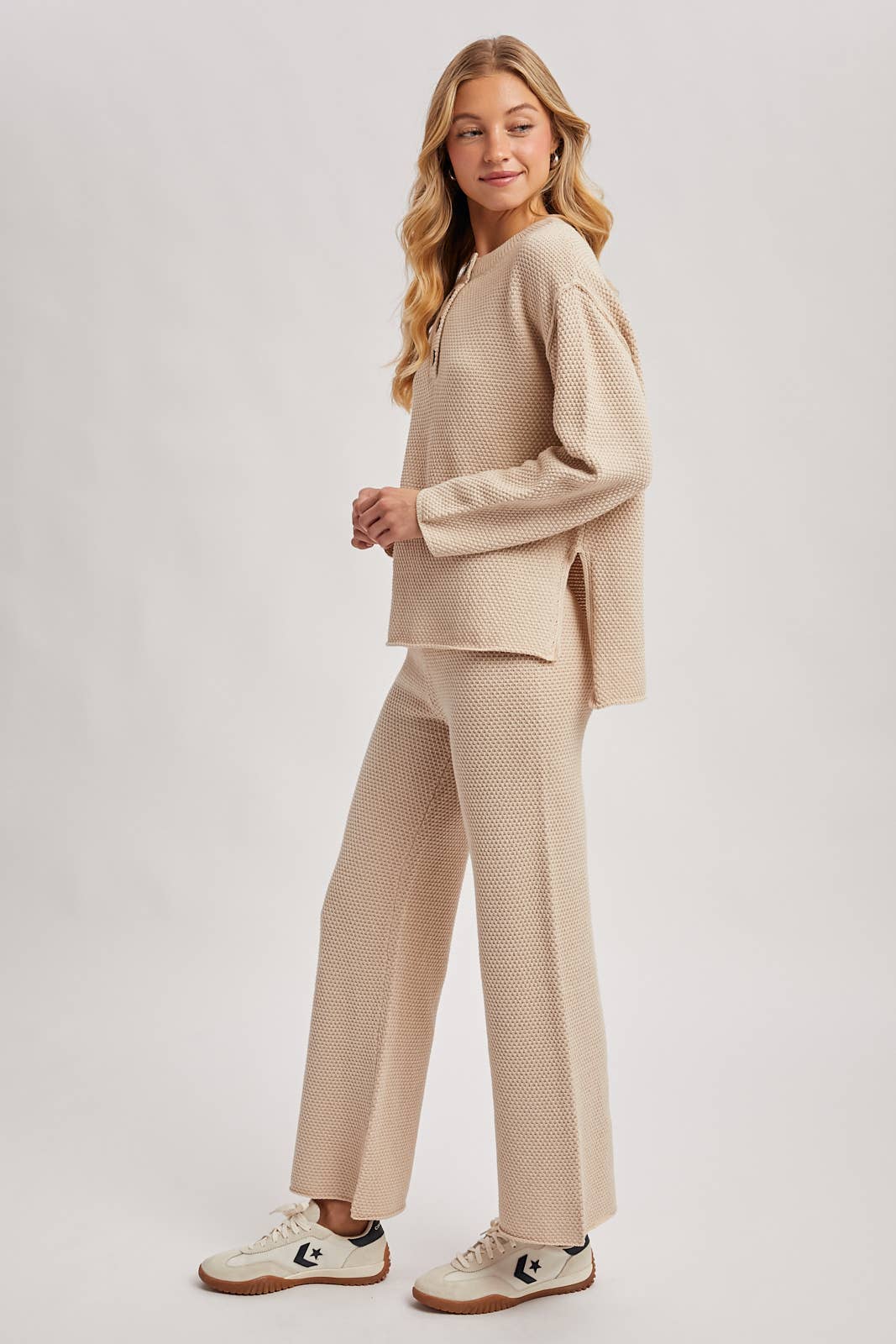 Textured Knit Top & Pant Set: OATMEAL