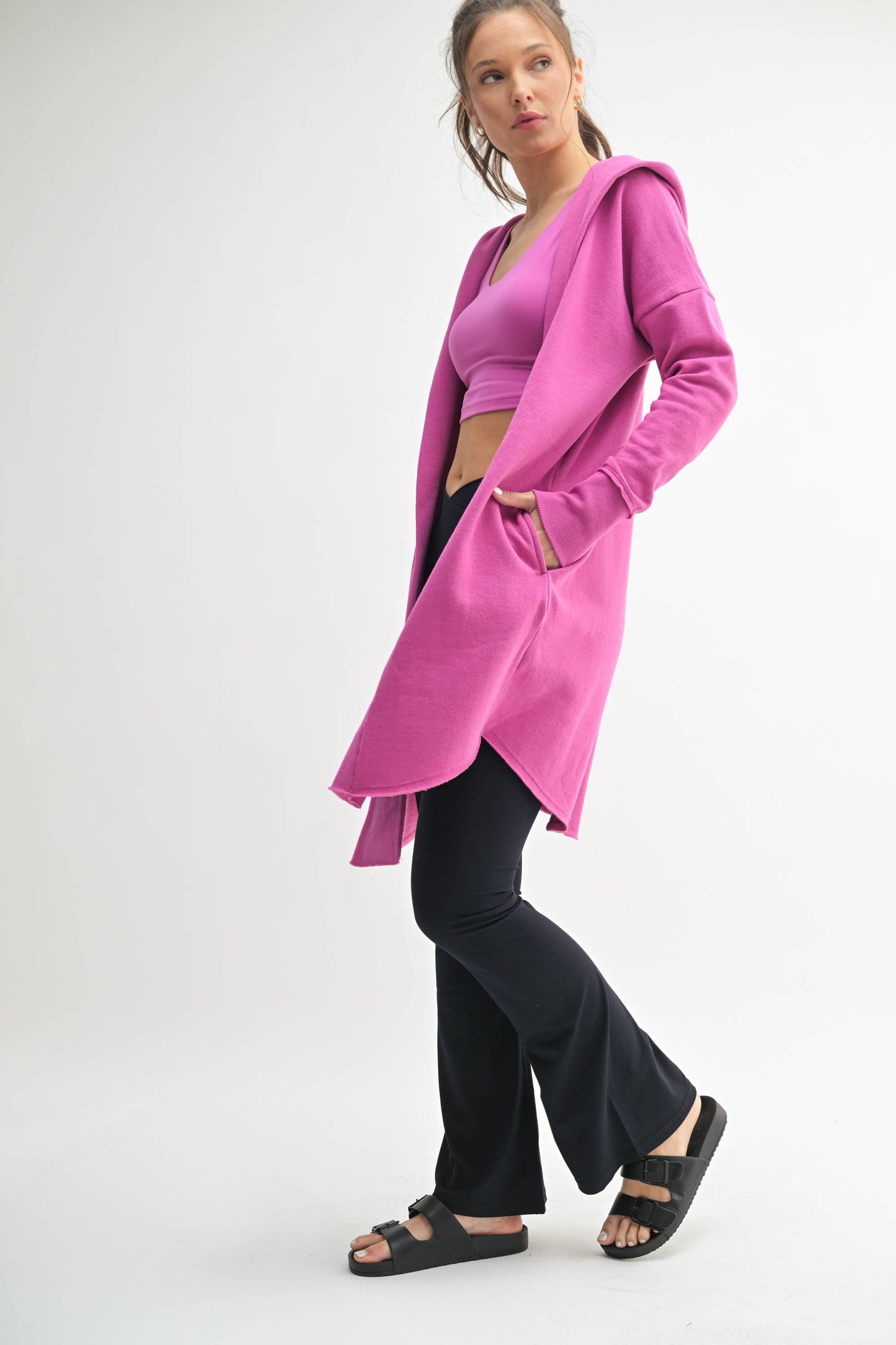 Open Front Longline Hoodie Cardigan: NATURAL