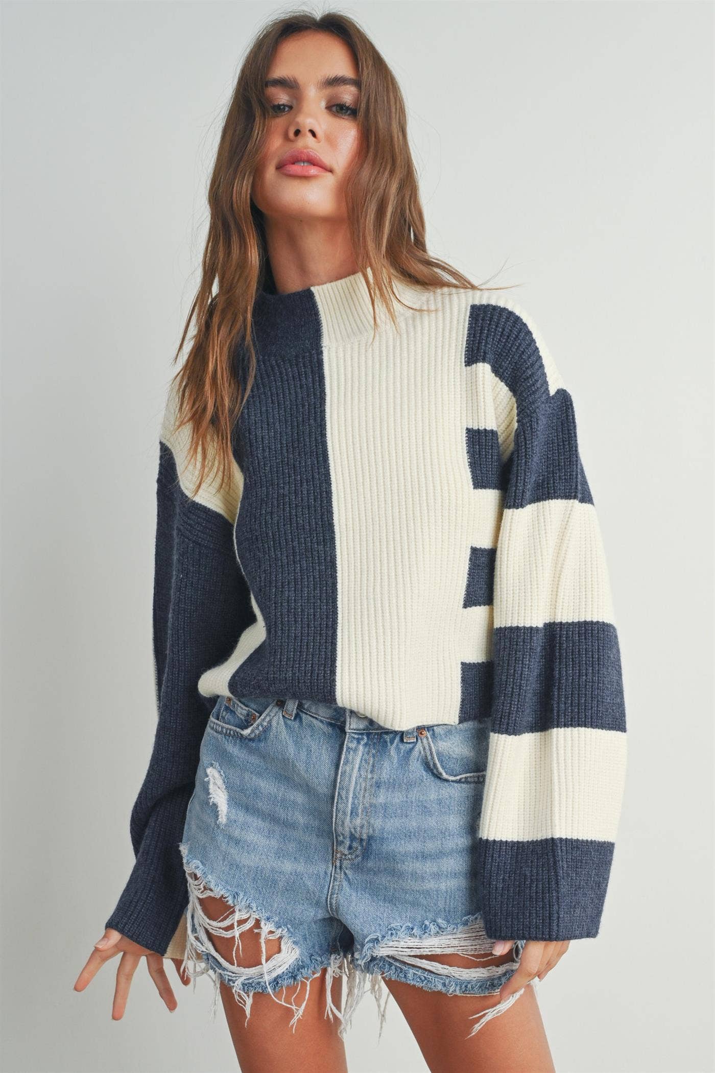 Color Block Mock Turtleneck Sweater-  BLACK / OAT