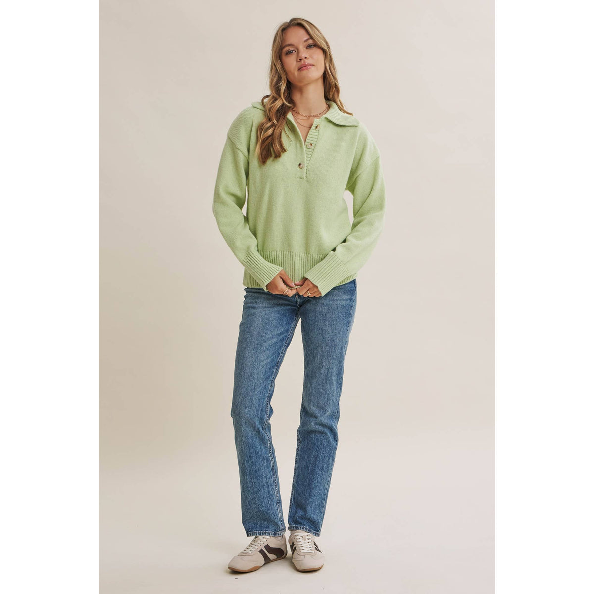 in february - MORNING LIGHT UPLIFTING SOFT PASTEL POLO SWEATER TOP: BUTTER YELLOW / S