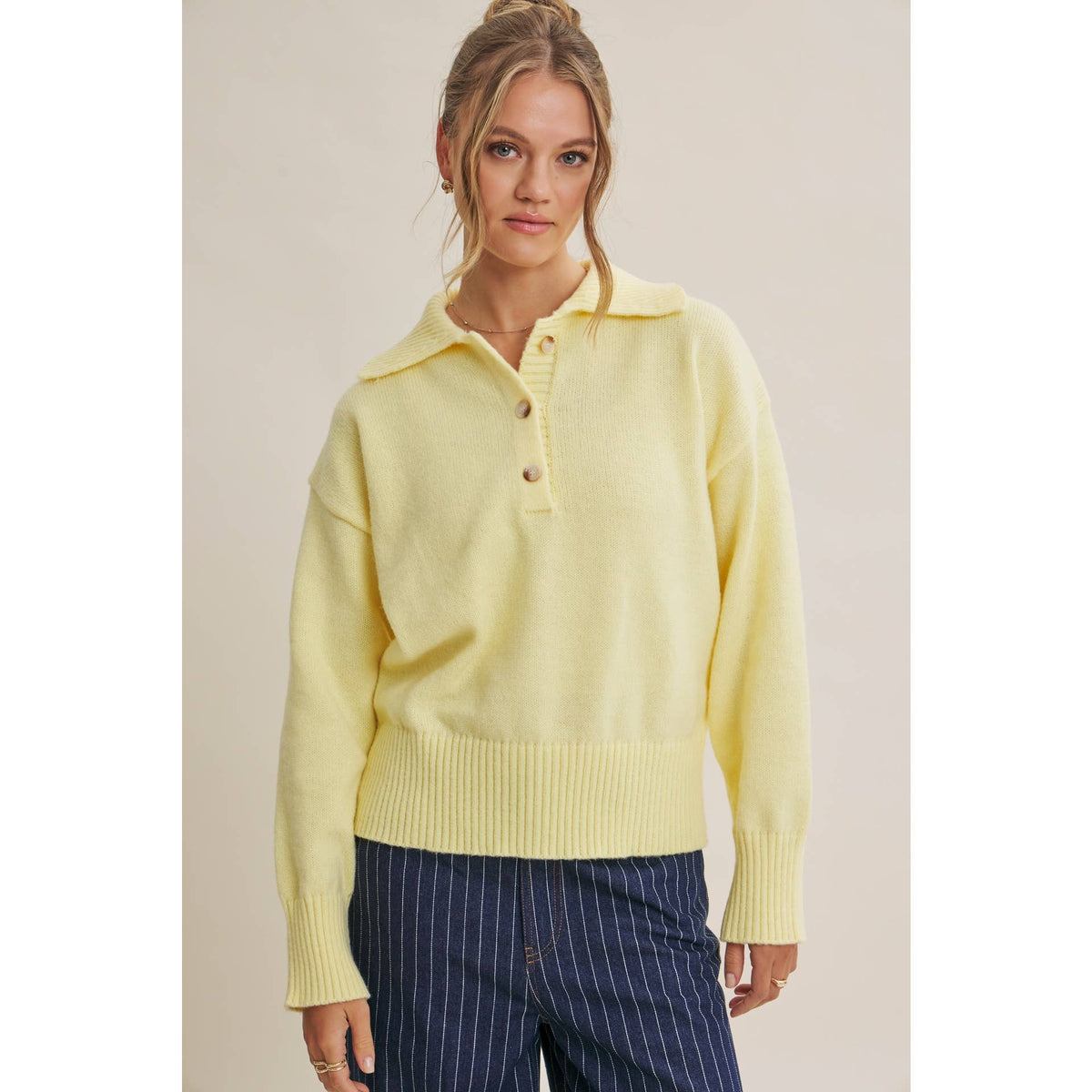 in february - MORNING LIGHT UPLIFTING SOFT PASTEL POLO SWEATER TOP: BUTTER YELLOW / M