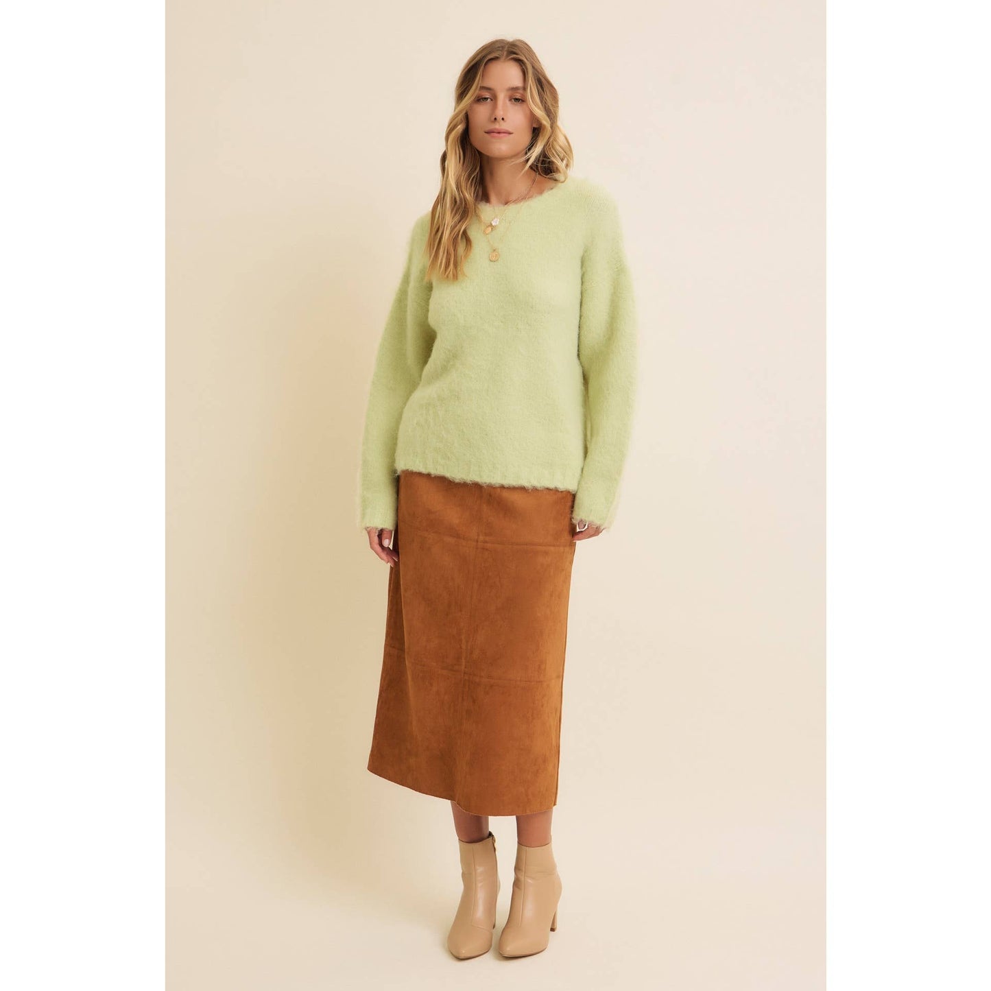 Fluffy Brushed Long-sleeved Round Neck Sweate: SAGE