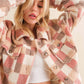 Checkered Teddy Chest Pocket Oversized Jacket: PINK