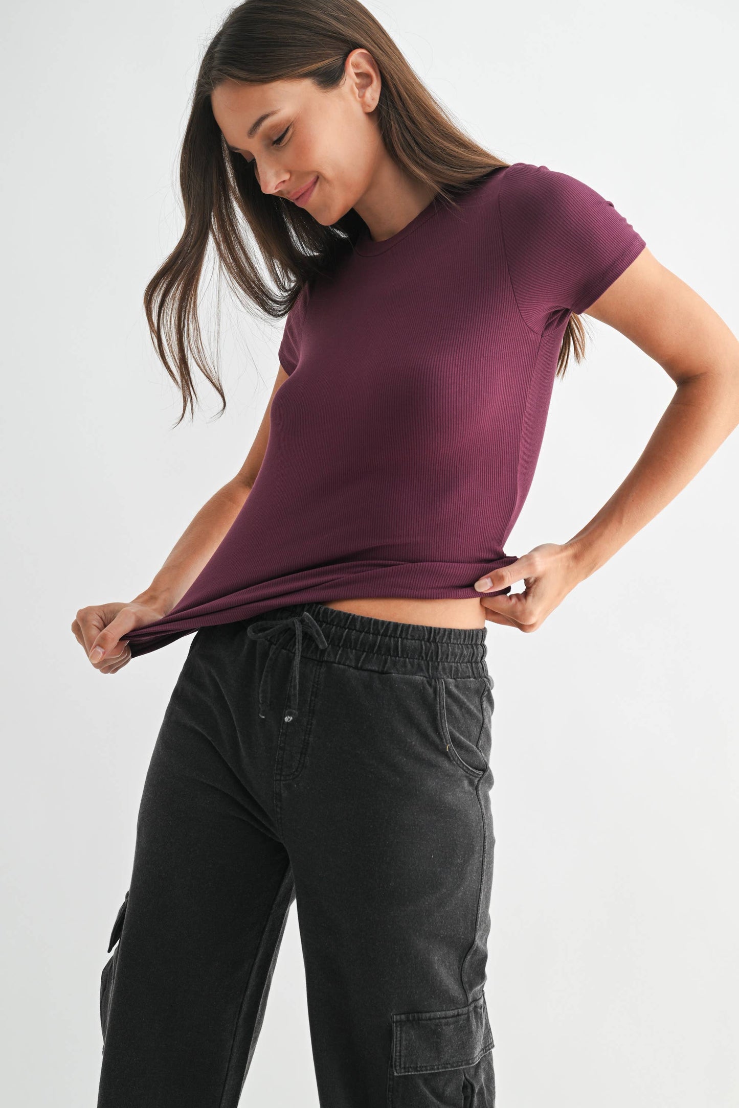 Mono B - Essential Short-Sleeved Micro-Ribbed Athleisure Top: DEEP FOREST / S:M:L (2:2:2)