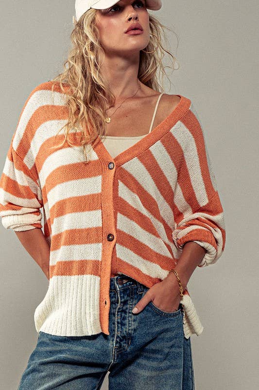 Cozy and Free Striped Cardigan: BURNT SIENNA/CREAM