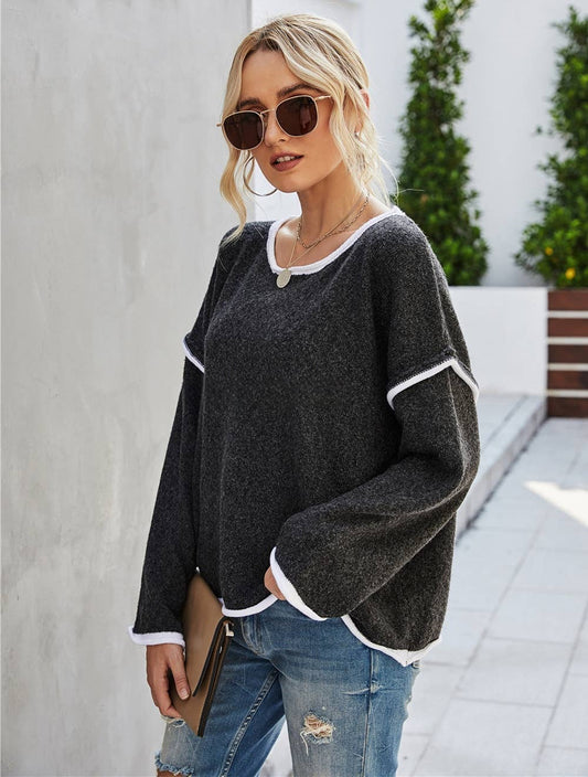 Casual Crew Neck Pullover Long Sleeve Sweater: BLACK