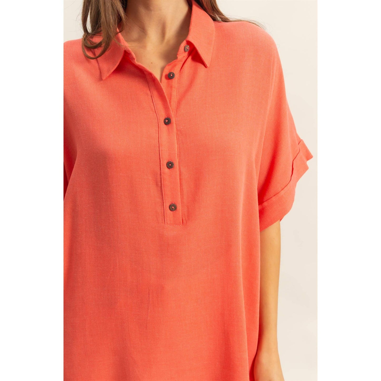 Dropped Shoulders Half Placket Shirt: ORANGE