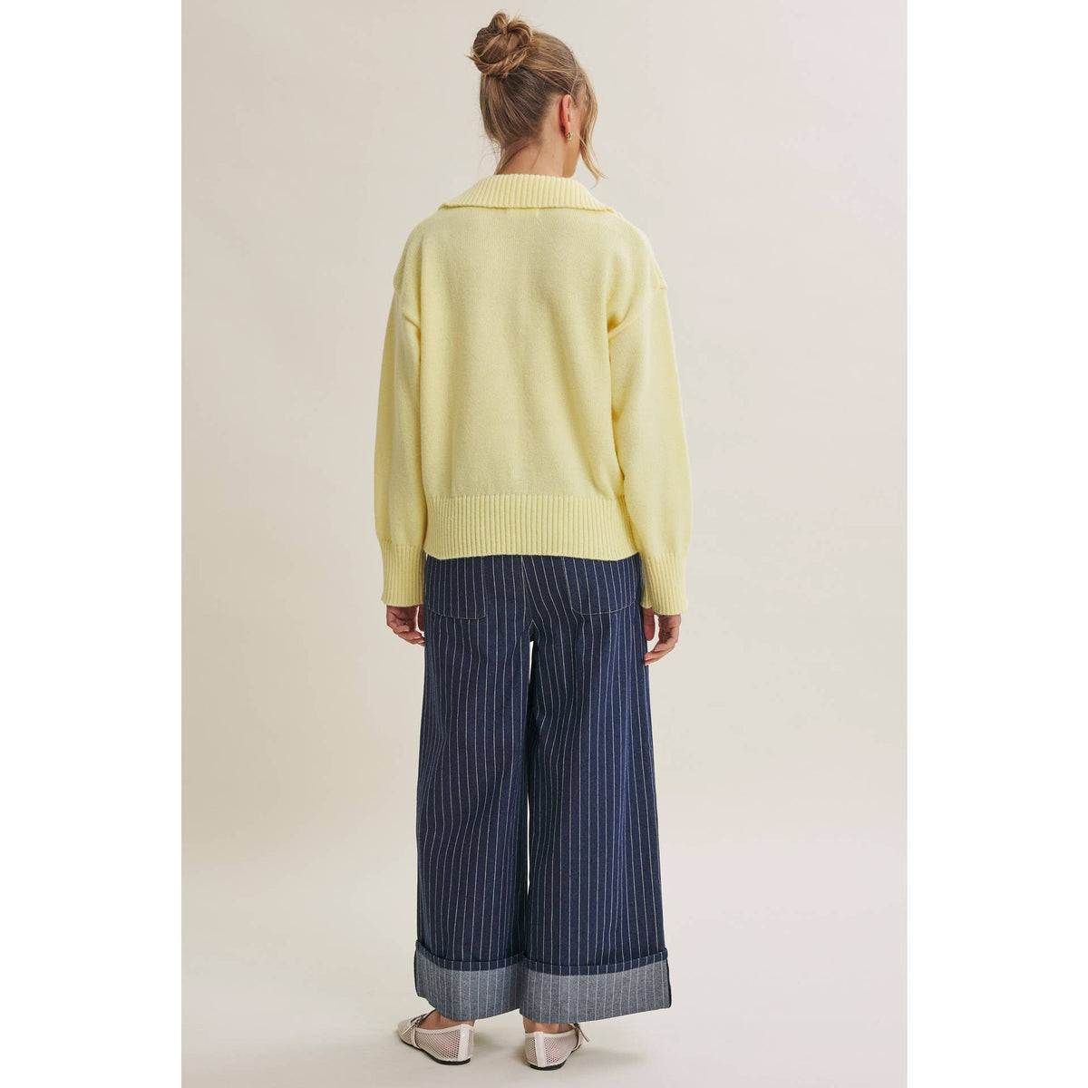 in february - MORNING LIGHT UPLIFTING SOFT PASTEL POLO SWEATER TOP: BUTTER YELLOW / L