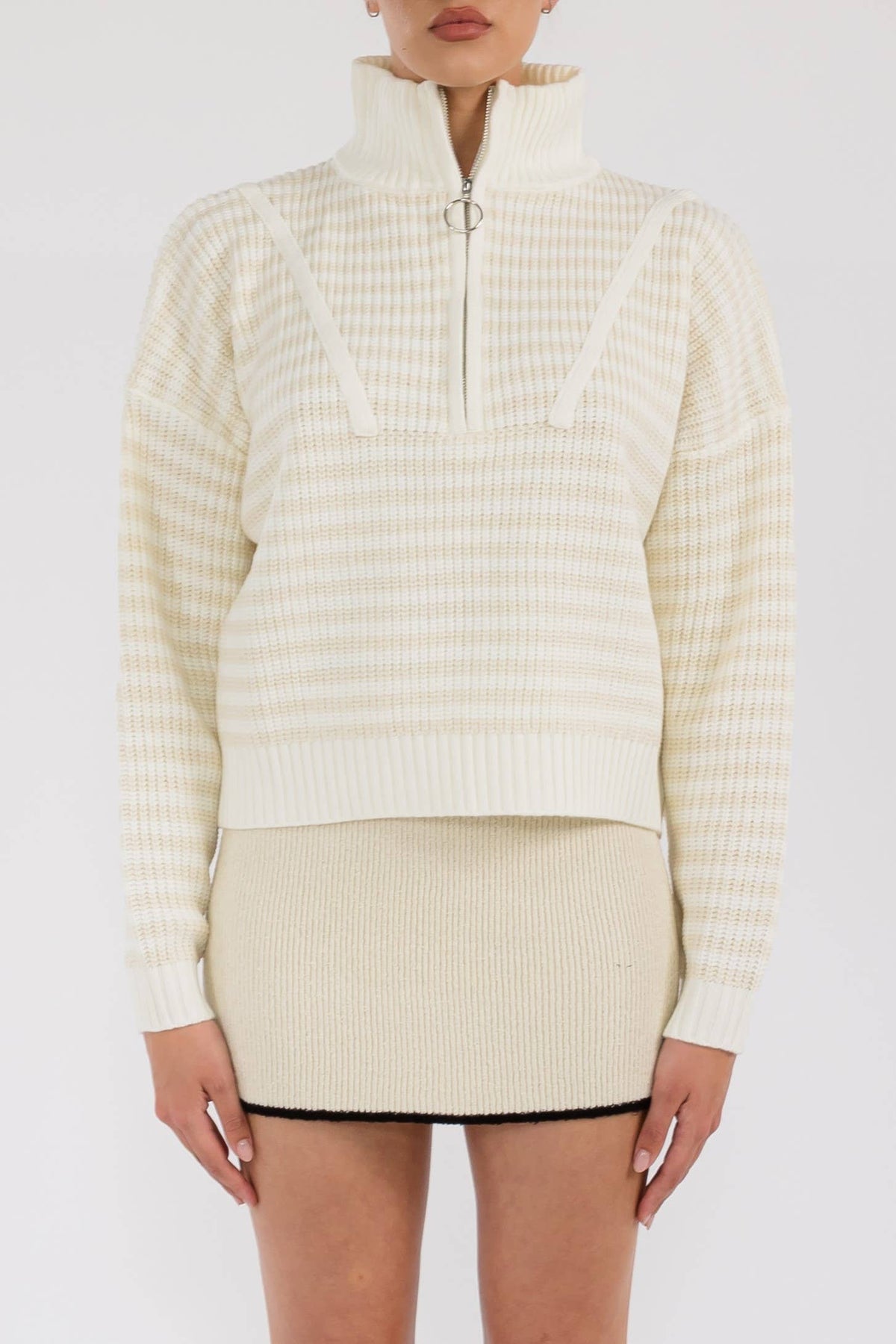 Creamon - Preppy Californian Half-zip Striped Sweater-BLUE: BLACK / S