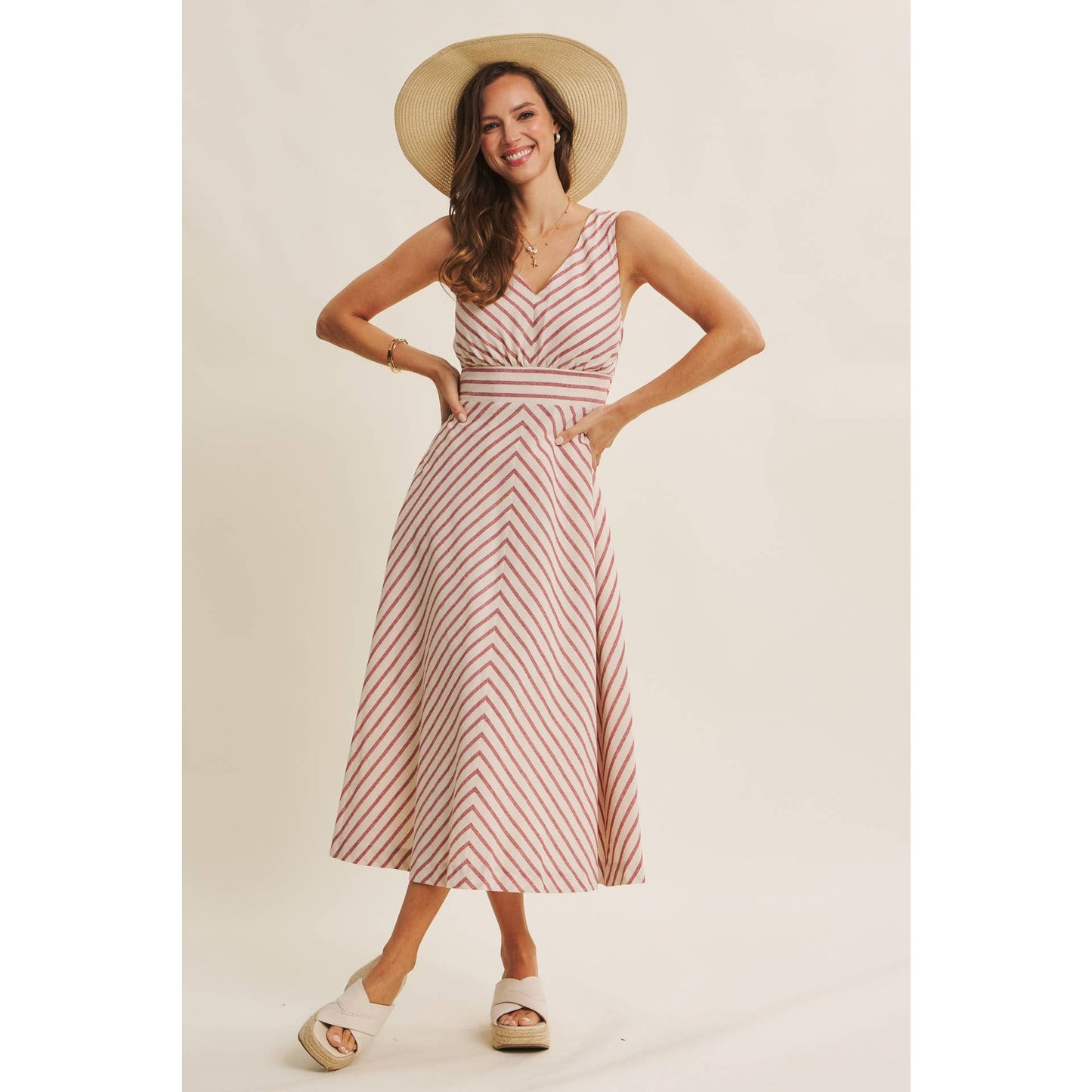 in february - SOFT-GLOW COTTON BLEND LUREX STRIPE FIT AND FLARE MIDI DRESS: RED / M