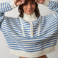 Creamon - Preppy Californian Half-zip Striped Sweater-BLUE: BLACK / S