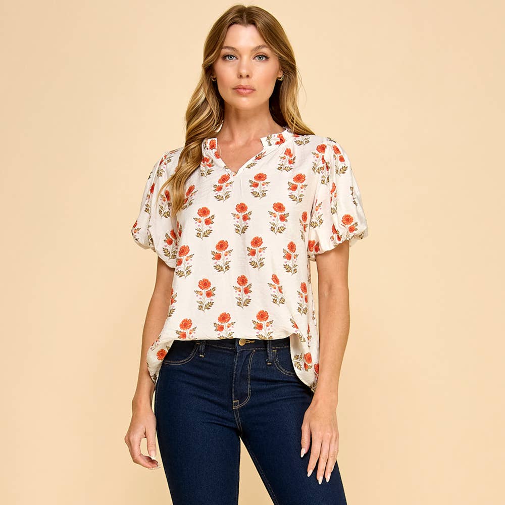 Les Amis - Floral Puff Sleeve Blouse: Off White / M