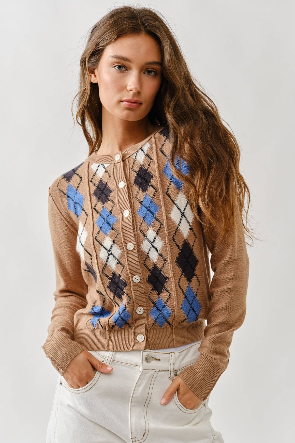 Aaron & Amber - AJT5092 RELAXED FIT ARGYLE SWEATER CARDIGAN: TAUPE / M