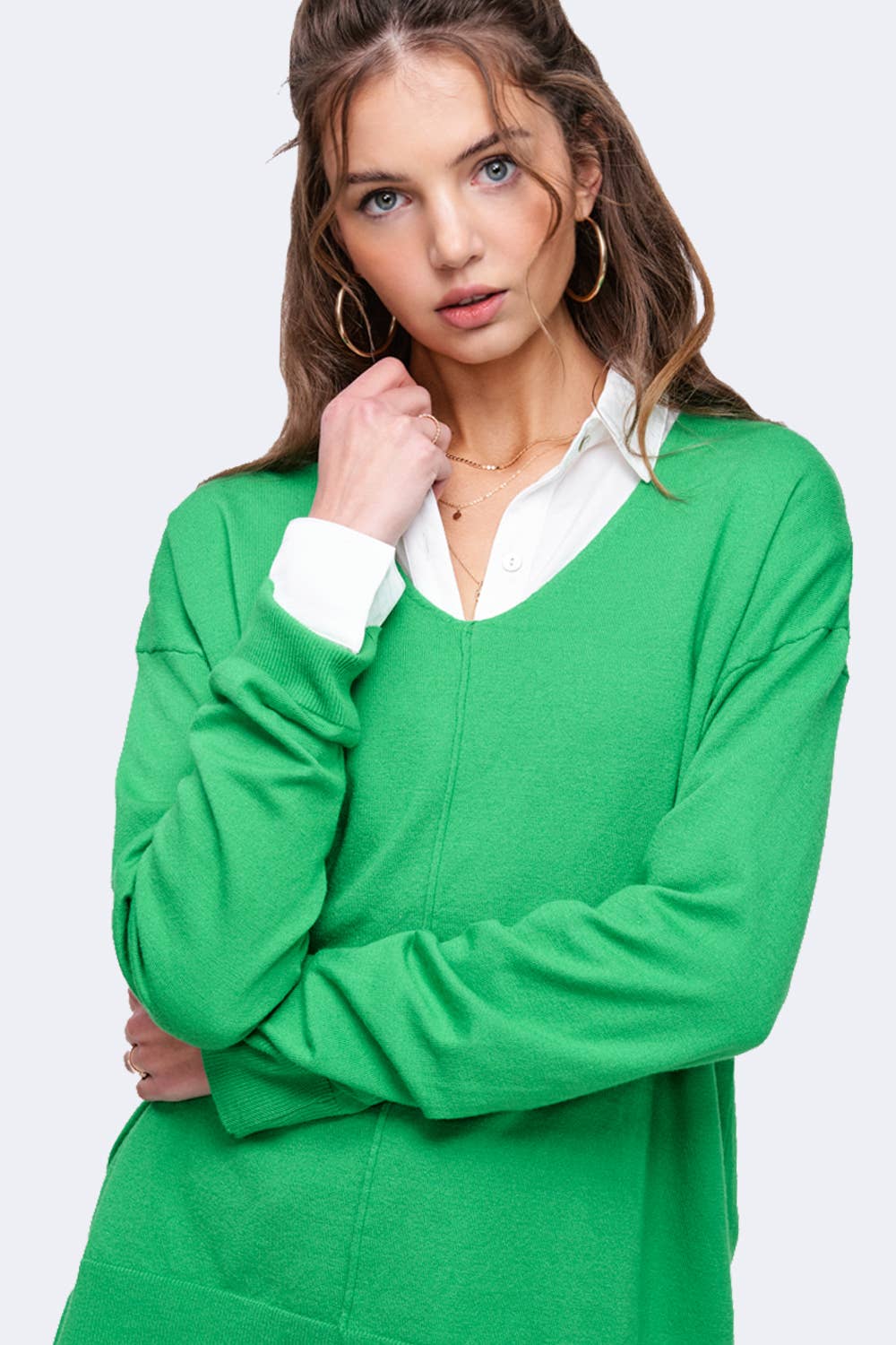 La Miel - JBS3122-V-neck Long Sleeve Lightweight Knit Top Christmas: Apple Green / L
