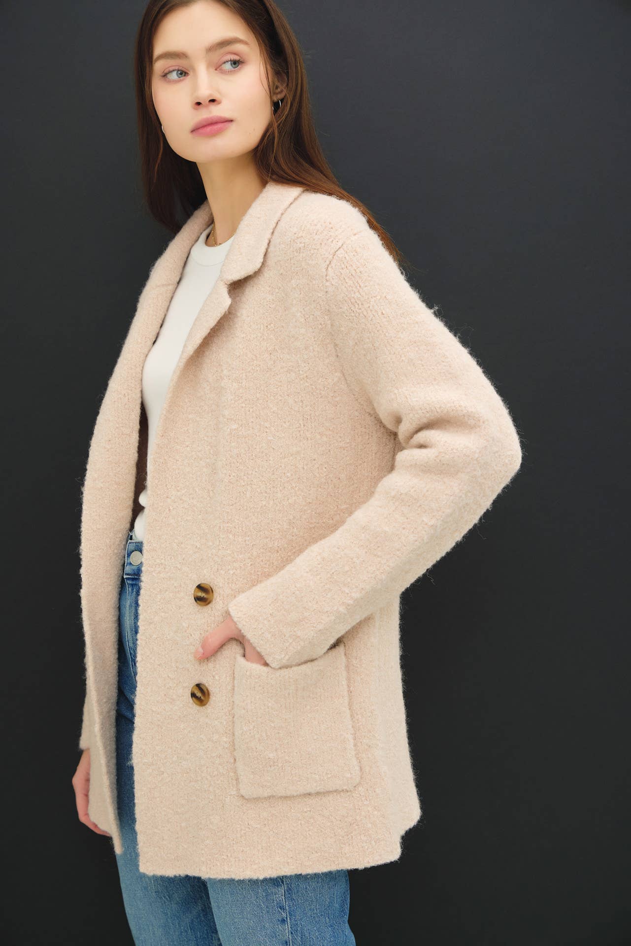 Textured Notched Collar Faux Double-Breasted Coat: Blush Beige