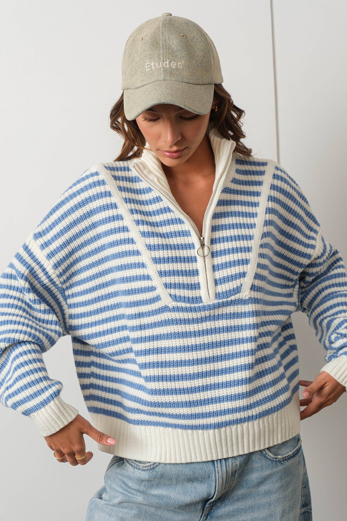Creamon - Preppy Californian Half-zip Striped Sweater-BLUE: BLACK / L