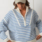 Creamon - Preppy Californian Half-zip Striped Sweater-BLUE: BLACK / M