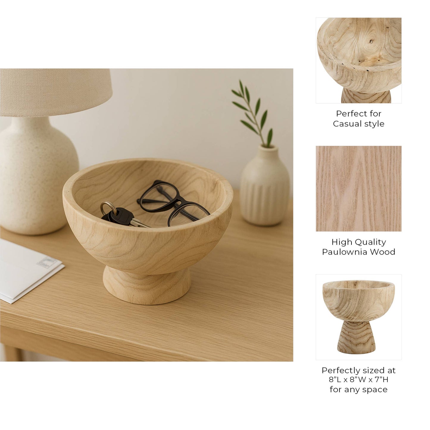 Sagebrook Home - Bowl - Brown Paulownia Wood with Pedestal Base, 8 in.