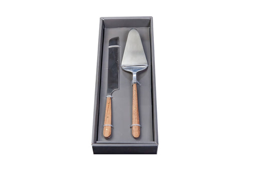 2pc Cake Serving Set w/ Wood Handles: Natural / Stainless Steel