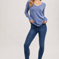 V-Neck Knit Pullover Long Sleeve Top: DENIM