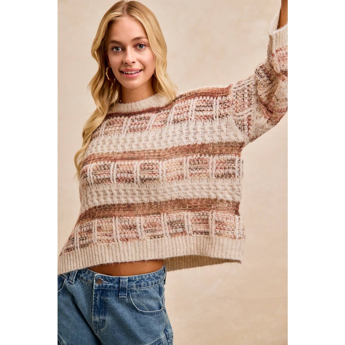 BiBi - VINTAGE SOFT CHECK PATTERN CHUNKY KNIT SWEATER: MOCHA MULTI / XL