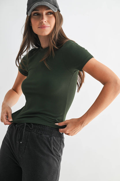 Essential Short-Sleeved Micro-Ribbed Athleisure Top: DEEP FOREST