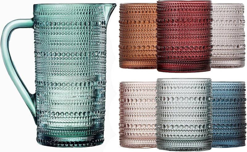 The Wine Savant /  Khen Glassware - Tonal Hobnail Pitcher & Lowball Glassware Set