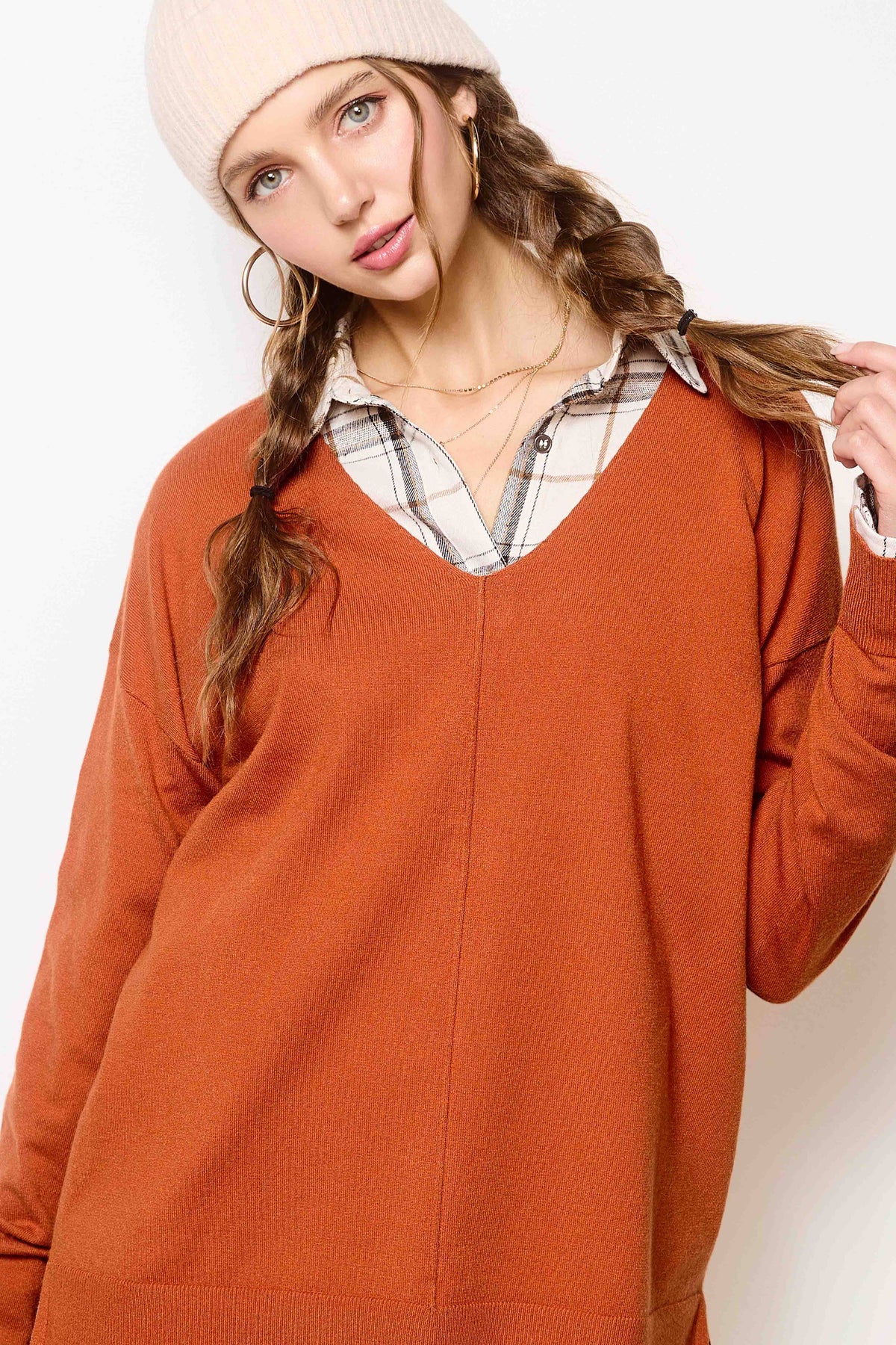 La Miel - JBS3122-V-neck Long Sleeve Lightweight Knit Top Christmas: Apple Green / L